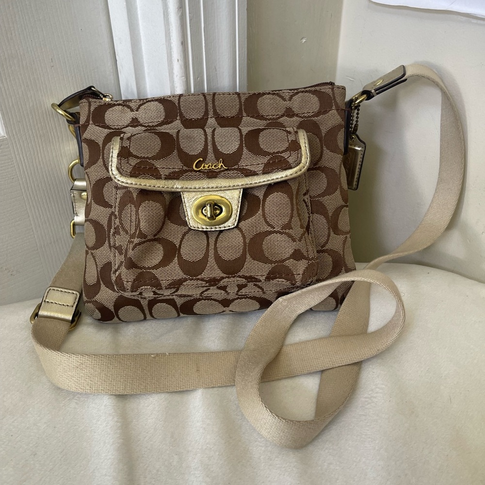 Coach Brown Signature Canvas Crossbody with Gold Accent